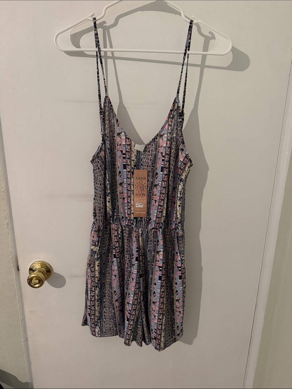 raya sun Pink and Blue Printed Spaghetti-Strap Romper